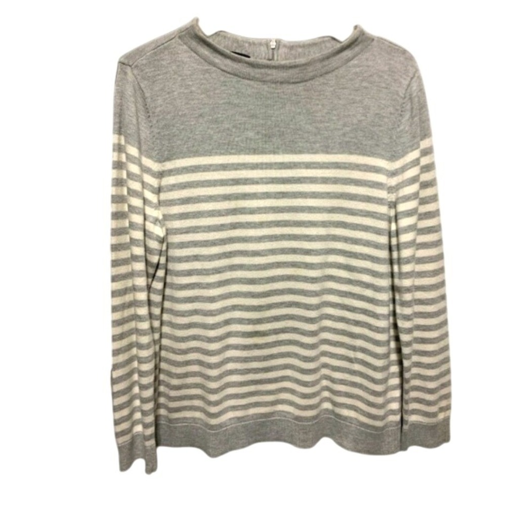 Talbots Striped Sweater XL Grey White Preppy Nautical Casual Minimalist Chic